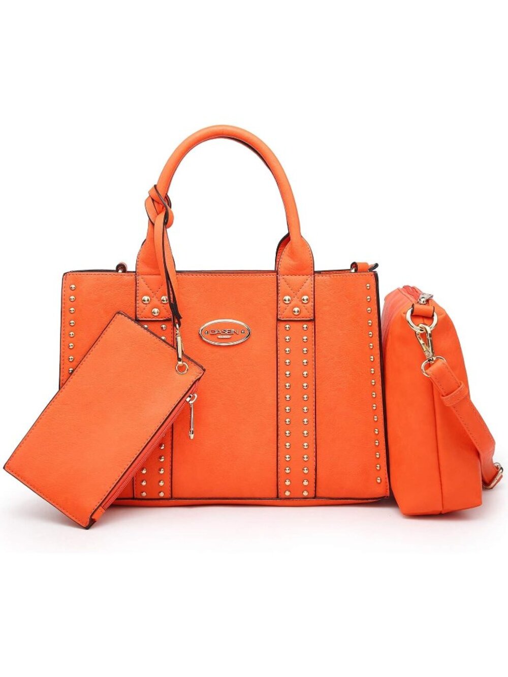 Women's Orange Wallet Set Top Handle Satchel Shoulder 3pcs Hobo Handbag